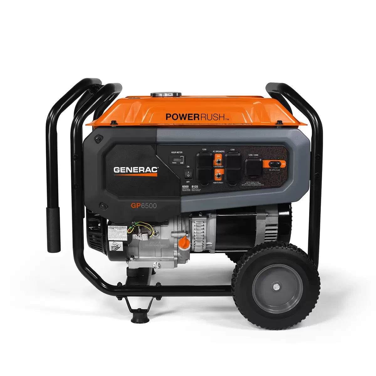 Generac Generador Inversor de Gasolina Portátil GP6500, 6500W, 240V, 25.74 Litros, Negro/Naranja